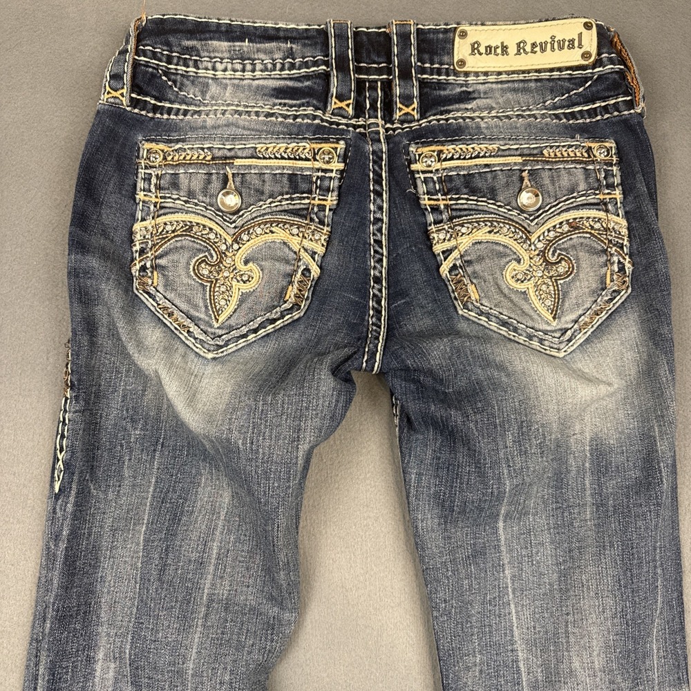 Rock Revival Pilkin Straight Jeans Women 26/33Distressed THICK STITCH EMBELISHED